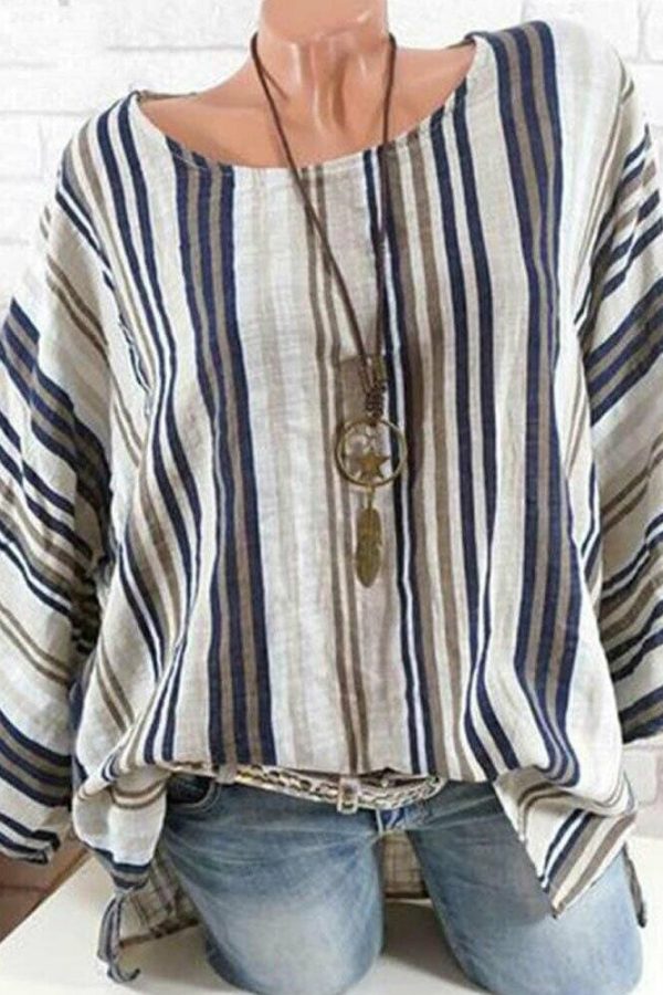 The Best Plus Size New Women Tops Raglan Sleeve Shirt arrival Cotton Linen Striped Baggy Tunic O-Neck Loose Shirt Online - Takalr