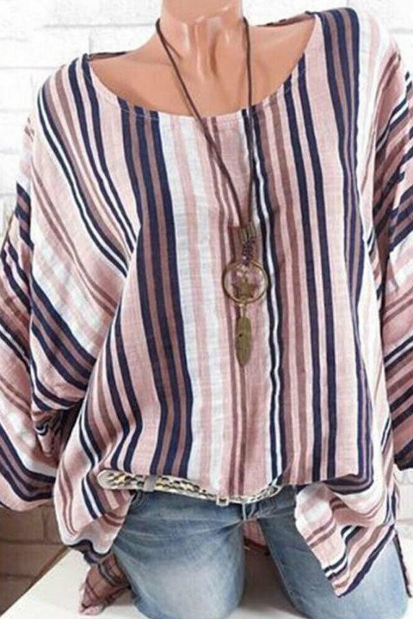 The Best Plus Size New Women Tops Raglan Sleeve Shirt arrival Cotton Linen Striped Baggy Tunic O-Neck Loose Shirt Online - Takalr