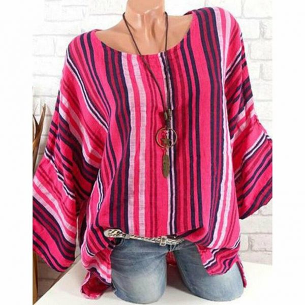 The Best Plus Size New Women Tops Raglan Sleeve Shirt arrival Cotton Linen Striped Baggy Tunic O-Neck Loose Shirt Online - Takalr