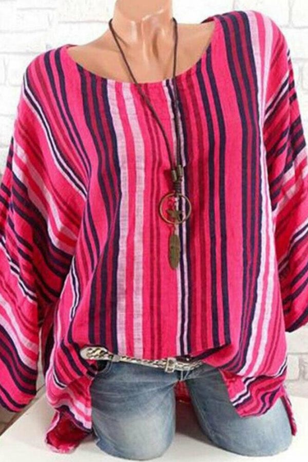 The Best Plus Size New Women Tops Raglan Sleeve Shirt arrival Cotton Linen Striped Baggy Tunic O-Neck Loose Shirt Online - Takalr