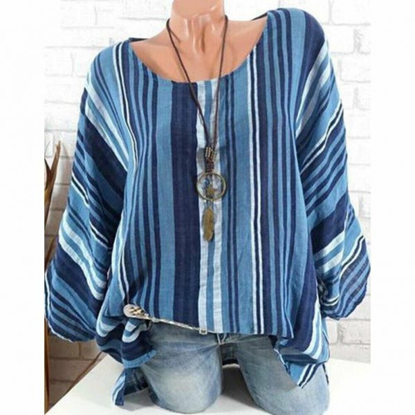 The Best Plus Size New Women Tops Raglan Sleeve Shirt arrival Cotton Linen Striped Baggy Tunic O-Neck Loose Shirt Online - Takalr