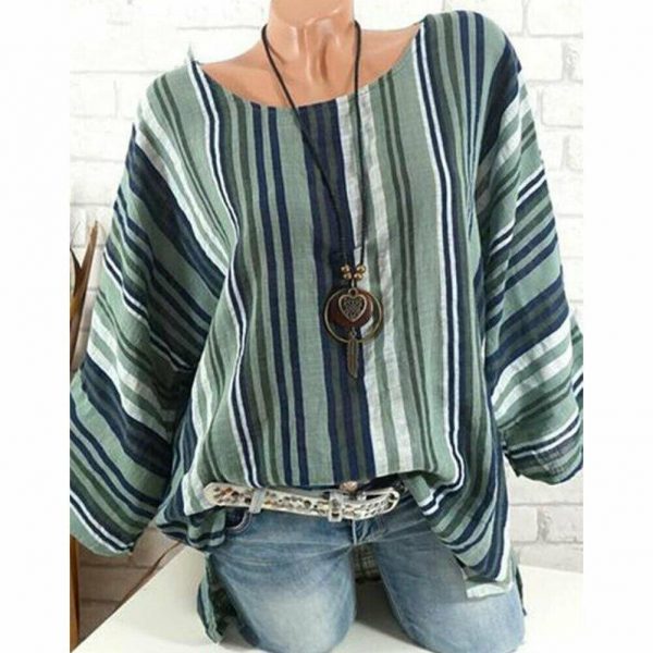 The Best Plus Size New Women Tops Raglan Sleeve Shirt arrival Cotton Linen Striped Baggy Tunic O-Neck Loose Shirt Online - Takalr