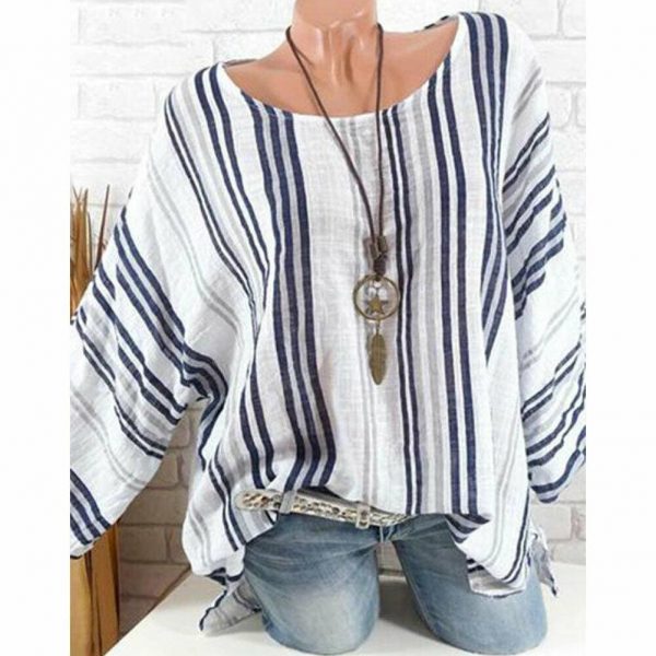 The Best Plus Size New Women Tops Raglan Sleeve Shirt arrival Cotton Linen Striped Baggy Tunic O-Neck Loose Shirt Online - Takalr