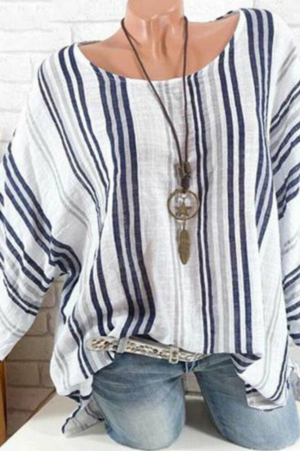 The Best Plus Size New Women Tops Raglan Sleeve Shirt arrival Cotton Linen Striped Baggy Tunic O-Neck Loose Shirt Online - Takalr