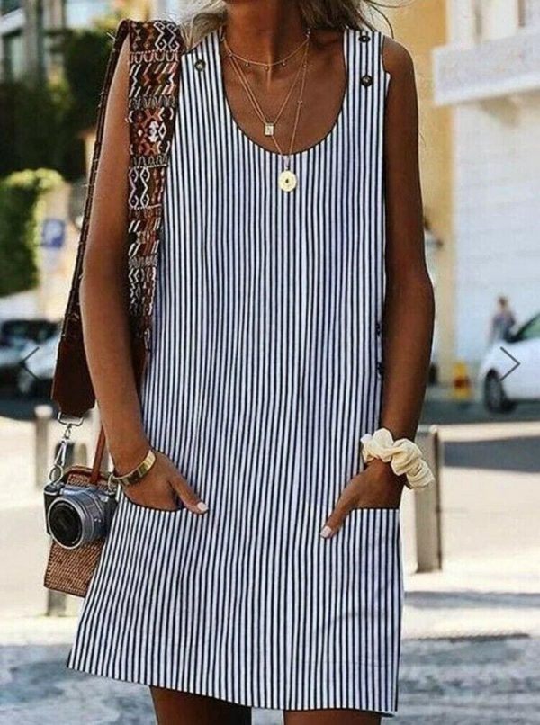 The Best Plus Size Women Boho Stripe Short Mini Dress Party Evening Summer Beach Holiday Pocket Sleeveless Loose Casual Dress Sundress Online - Takalr