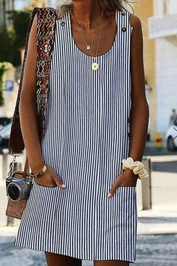 The Best Plus Size Women Boho Stripe Short Mini Dress Party Evening Summer Beach Holiday Pocket Sleeveless Loose Casual Dress Sundress Online - Takalr