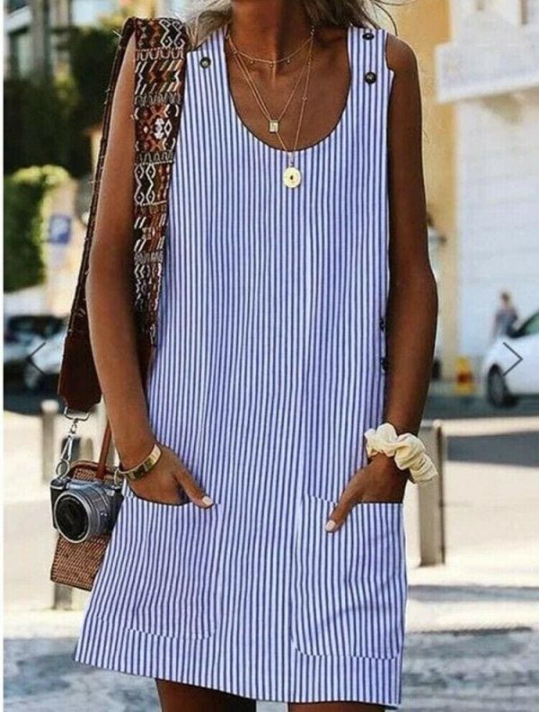 The Best Plus Size Women Boho Stripe Short Mini Dress Party Evening Summer Beach Holiday Pocket Sleeveless Loose Casual Dress Sundress Online - Takalr