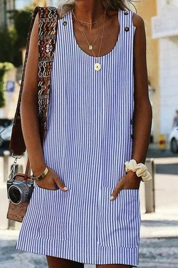 The Best Plus Size Women Boho Stripe Short Mini Dress Party Evening Summer Beach Holiday Pocket Sleeveless Loose Casual Dress Sundress Online - Takalr