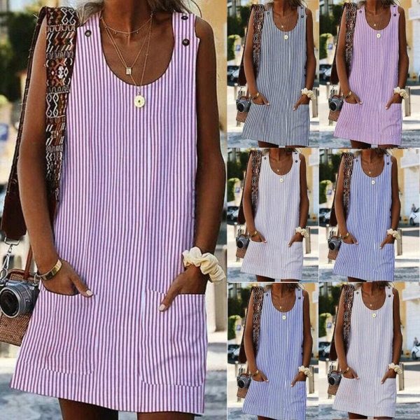 The Best Plus Size Women Boho Stripe Short Mini Dress Party Evening Summer Beach Holiday Pocket Sleeveless Loose Casual Dress Sundress Online - Takalr