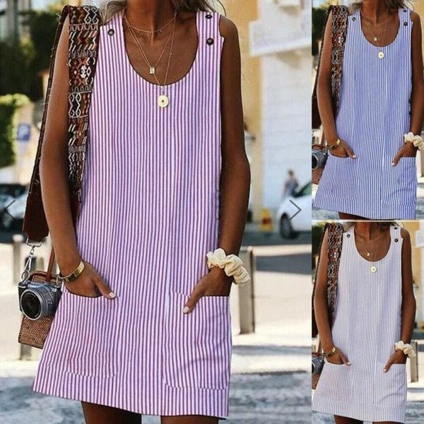 The Best Plus Size Women Boho Stripe Short Mini Dress Party Evening Summer Beach Holiday Pocket Sleeveless Loose Casual Dress Sundress Online - Takalr