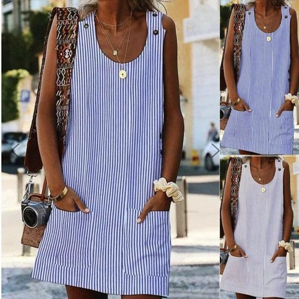 The Best Plus Size Women Boho Stripe Short Mini Dress Party Evening Summer Beach Holiday Pocket Sleeveless Loose Casual Dress Sundress Online - Takalr