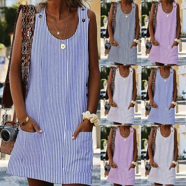 The Best Plus Size Women Boho Stripe Short Mini Dress Party Evening Summer Beach Holiday Pocket Sleeveless Loose Casual Dress Sundress Online - Takalr