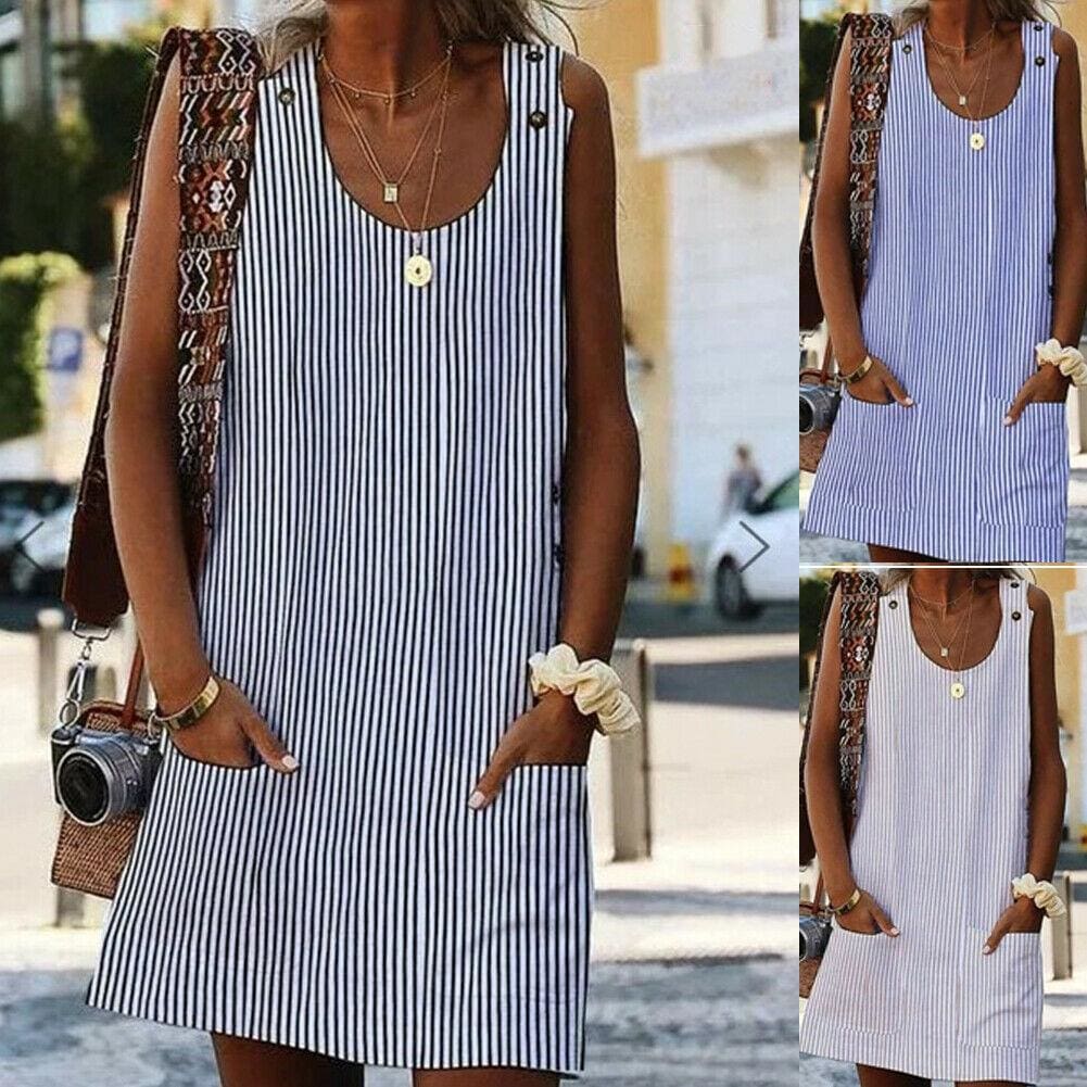 The Best Plus Size Women Boho Stripe Short Mini Dress Party Evening Summer Beach Holiday Pocket Sleeveless Loose Casual Dress Sundress Online - Takalr