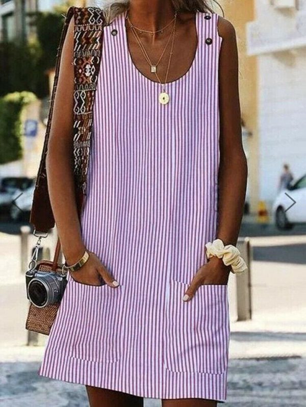 The Best Plus Size Women Boho Stripe Short Mini Dress Party Evening Summer Beach Holiday Pocket Sleeveless Loose Casual Dress Sundress Online - Takalr