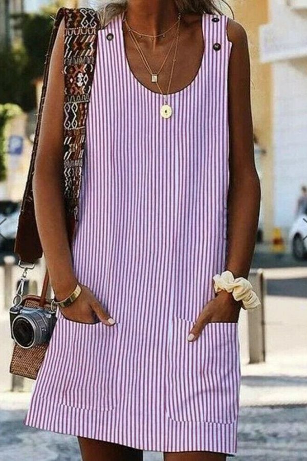 The Best Plus Size Women Boho Stripe Short Mini Dress Party Evening Summer Beach Holiday Pocket Sleeveless Loose Casual Dress Sundress Online - Takalr