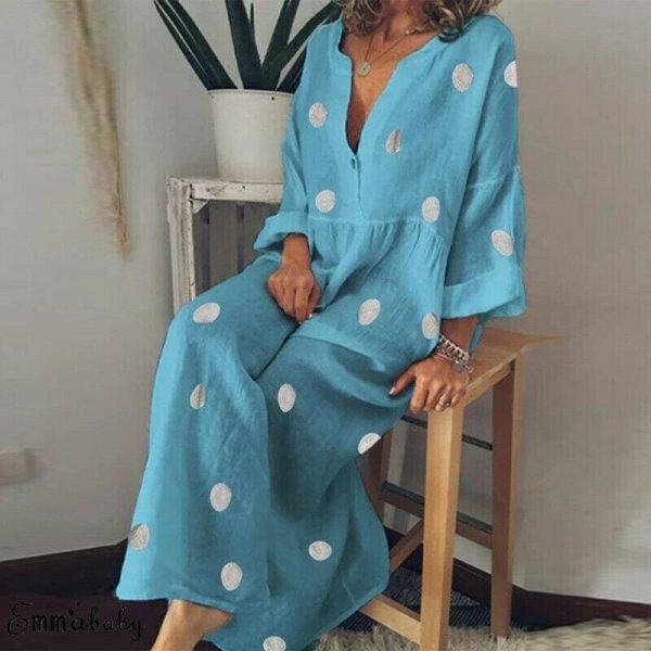 The Best Plus Size Women Boho V-neck Long Shirt Dress Ladies Long Sleeve Casual Summer Holiday Polka Dot Loose Maxi Dress Online - Takalr