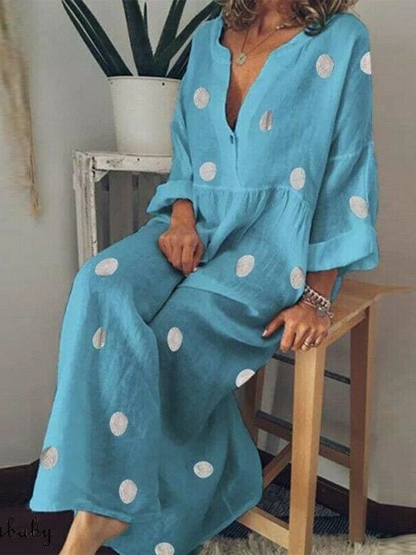 The Best Plus Size Women Boho V-neck Long Shirt Dress Ladies Long Sleeve Casual Summer Holiday Polka Dot Loose Maxi Dress Online - Takalr