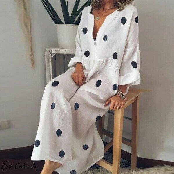 The Best Plus Size Women Boho V-neck Long Shirt Dress Ladies Long Sleeve Casual Summer Holiday Polka Dot Loose Maxi Dress Online - Takalr