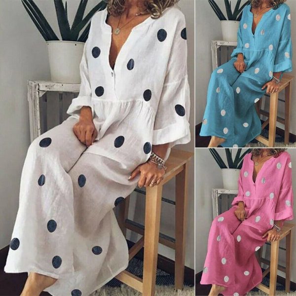 The Best Plus Size Women Boho V-neck Long Shirt Dress Ladies Long Sleeve Casual Summer Holiday Polka Dot Loose Maxi Dress Online - Takalr