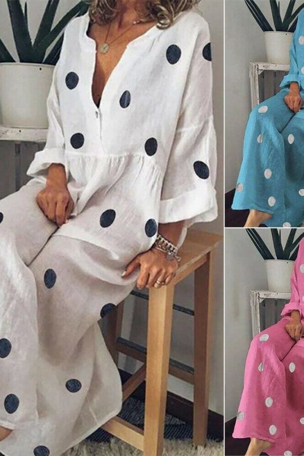 The Best Plus Size Women Boho V-neck Long Shirt Dress Ladies Long Sleeve Casual Summer Holiday Polka Dot Loose Maxi Dress Online - Takalr