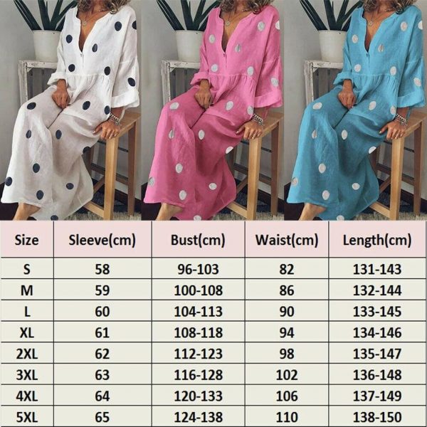 The Best Plus Size Women Boho V-neck Long Shirt Dress Ladies Long Sleeve Casual Summer Holiday Polka Dot Loose Maxi Dress Online - Takalr