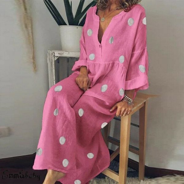 The Best Plus Size Women Boho V-neck Long Shirt Dress Ladies Long Sleeve Casual Summer Holiday Polka Dot Loose Maxi Dress Online - Takalr