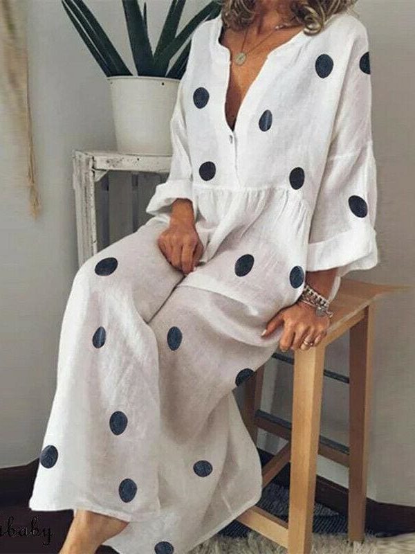 The Best Plus Size Women Boho V-neck Long Shirt Dress Ladies Long Sleeve Casual Summer Holiday Polka Dot Loose Maxi Dress Online - Takalr