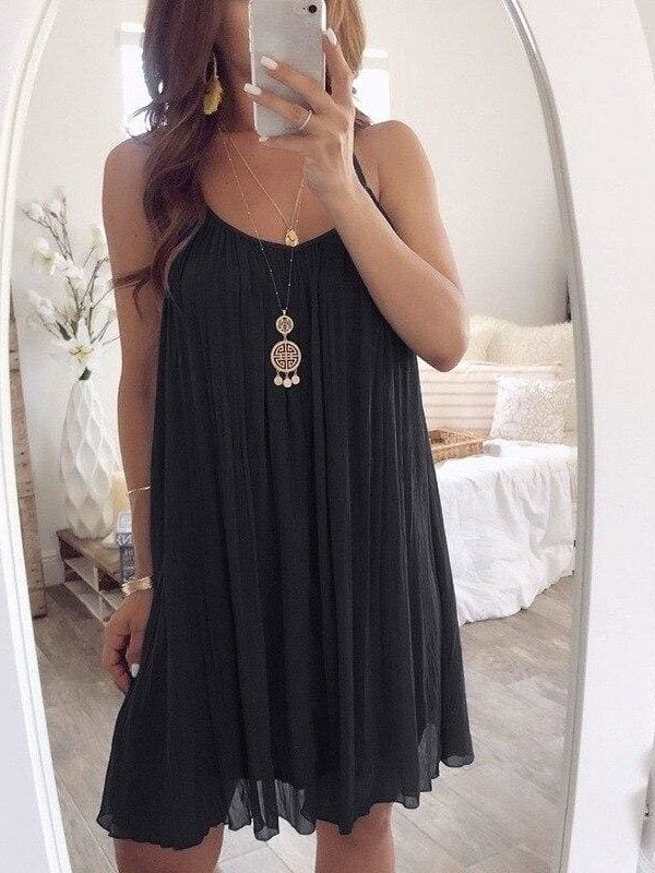 The Best Plus Size Women Chiffon Summer Casual Sleeveless Dress New Fashion Solid Strappy Beach Sundress Short Dress Online - Takalr