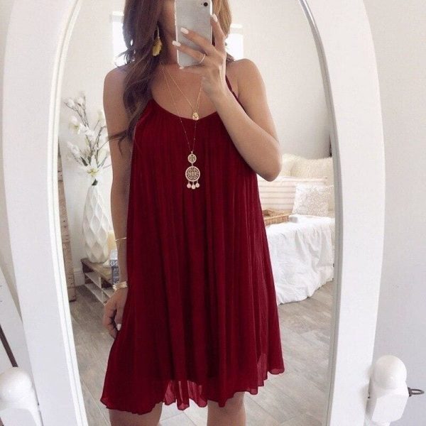 The Best Plus Size Women Chiffon Summer Casual Sleeveless Dress New Fashion Solid Strappy Beach Sundress Short Dress Online - Takalr