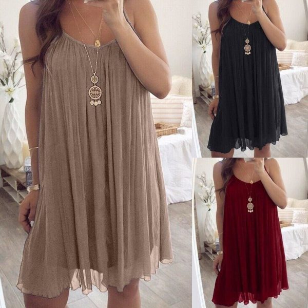 The Best Plus Size Women Chiffon Summer Casual Sleeveless Dress New Fashion Solid Strappy Beach Sundress Short Dress Online - Takalr