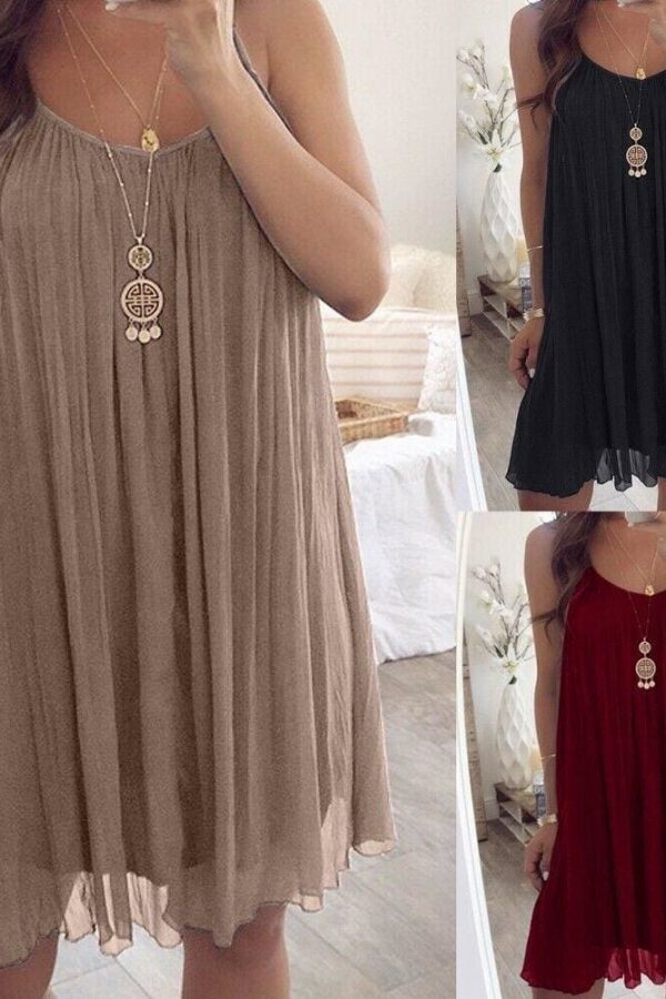 The Best Plus Size Women Chiffon Summer Casual Sleeveless Dress New Fashion Solid Strappy Beach Sundress Short Dress Online - Takalr