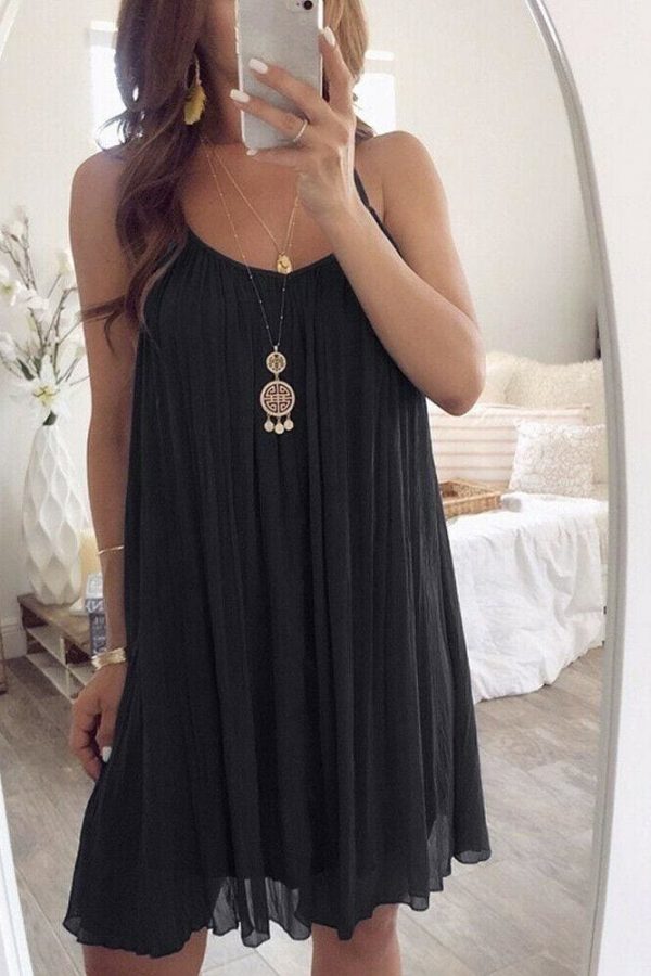 The Best Plus Size Women Chiffon Summer Casual Sleeveless Dress New Fashion Solid Strappy Beach Sundress Short Dress Online - Takalr