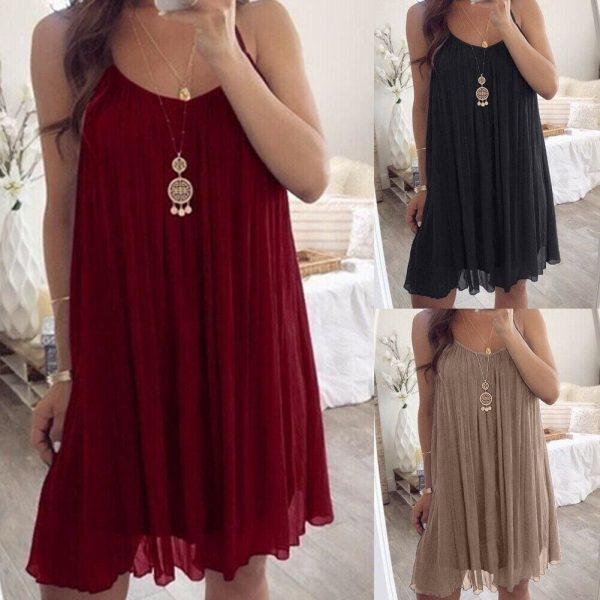 The Best Plus Size Women Chiffon Summer Casual Sleeveless Dress New Fashion Solid Strappy Beach Sundress Short Dress Online - Takalr