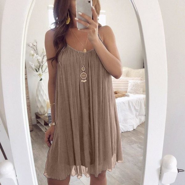 The Best Plus Size Women Chiffon Summer Casual Sleeveless Dress New Fashion Solid Strappy Beach Sundress Short Dress Online - Takalr