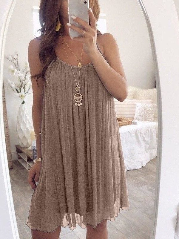 The Best Plus Size Women Chiffon Summer Casual Sleeveless Dress New Fashion Solid Strappy Beach Sundress Short Dress Online - Takalr