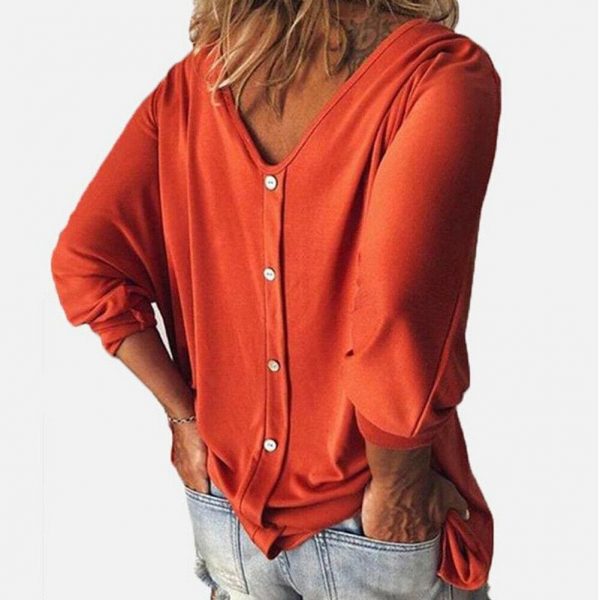 The Best Plus Size Women Loose Long Sleeve Pullover Tops Shirt Ladies Casual V Neck Back Buttons Tops Shirts Tees New Fashion Style Online - Takalr