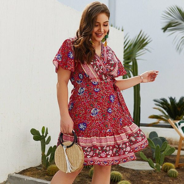 The Best Plus Size Women Short Sleeve Wrap Boho Floral Mini Dress Fashion Ladies Summer Sundress Casual V Neck Holiday Beach Clothes Online - Takalr