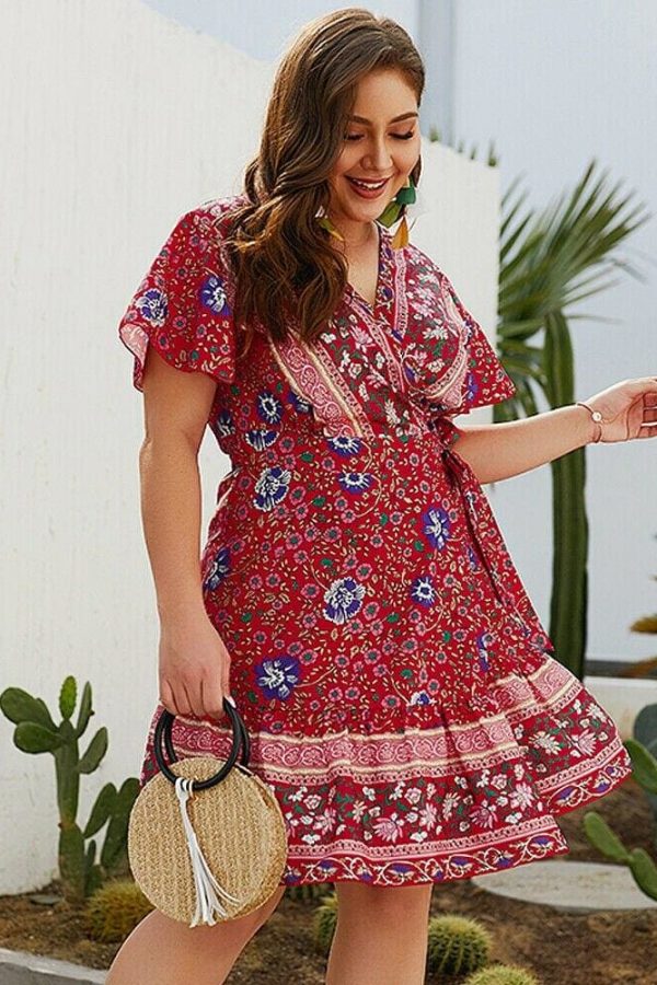 The Best Plus Size Women Short Sleeve Wrap Boho Floral Mini Dress Fashion Ladies Summer Sundress Casual V Neck Holiday Beach Clothes Online - Takalr