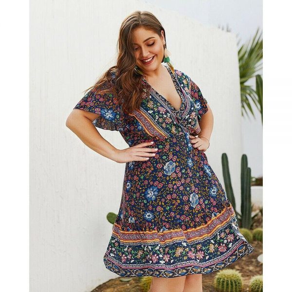 The Best Plus Size Women Short Sleeve Wrap Boho Floral Mini Dress Fashion Ladies Summer Sundress Casual V Neck Holiday Beach Clothes Online - Takalr