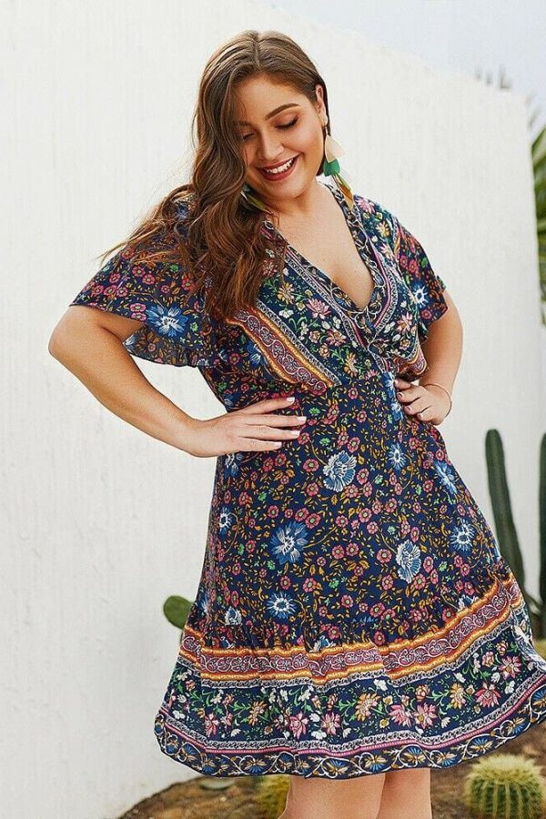 The Best Plus Size Women Short Sleeve Wrap Boho Floral Mini Dress Fashion Ladies Summer Sundress Casual V Neck Holiday Beach Clothes Online - Takalr