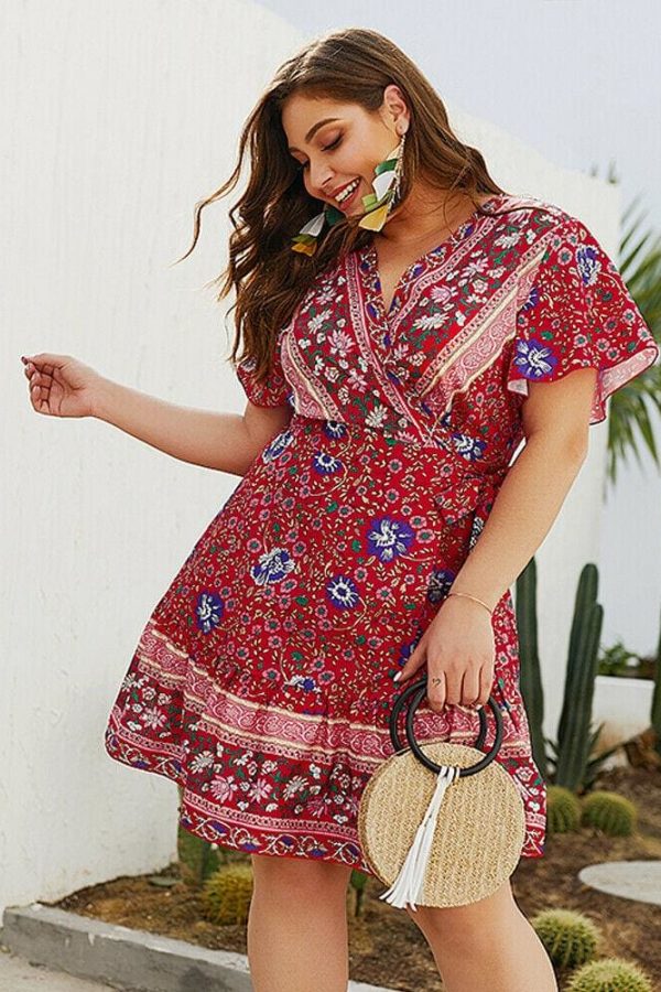 The Best Plus Size Women Short Sleeve Wrap Boho Floral Mini Dress Fashion Ladies Summer Sundress Casual V Neck Holiday Beach Clothes Online - Takalr