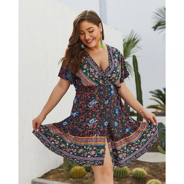 The Best Plus Size Women Short Sleeve Wrap Boho Floral Mini Dress Fashion Ladies Summer Sundress Casual V Neck Holiday Beach Clothes Online - Takalr