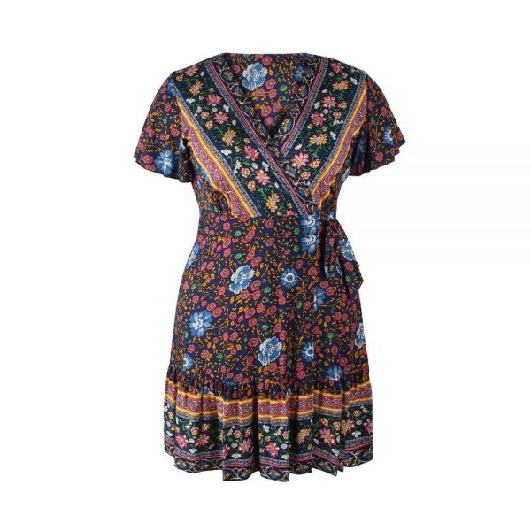 The Best Plus Size Women Short Sleeve Wrap Boho Floral Mini Dress Fashion Ladies Summer Sundress Casual V Neck Holiday Beach Clothes Online - Takalr