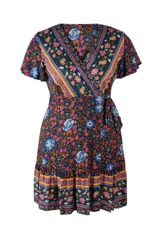 The Best Plus Size Women Short Sleeve Wrap Boho Floral Mini Dress Fashion Ladies Summer Sundress Casual V Neck Holiday Beach Clothes Online - Takalr