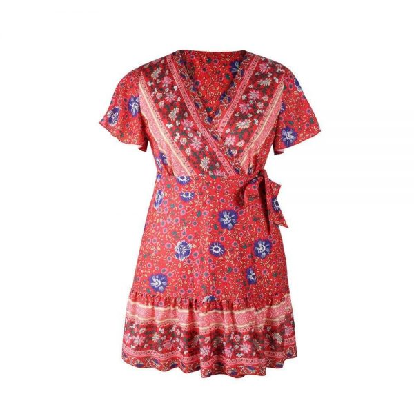 The Best Plus Size Women Short Sleeve Wrap Boho Floral Mini Dress Fashion Ladies Summer Sundress Casual V Neck Holiday Beach Clothes Online - Takalr