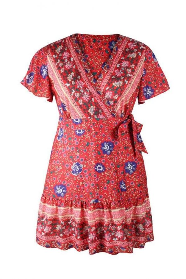 The Best Plus Size Women Short Sleeve Wrap Boho Floral Mini Dress Fashion Ladies Summer Sundress Casual V Neck Holiday Beach Clothes Online - Takalr