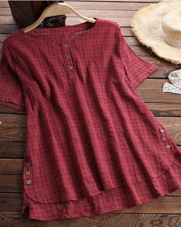 The Best Plus Size Women Summer Button Crew Neck Blouses Loose Baggy Tops Tunic Shirts Ladies Casual Solid Short Sleeve Blouse Online - Takalr