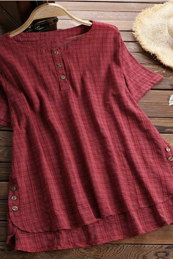 The Best Plus Size Women Summer Button Crew Neck Blouses Loose Baggy Tops Tunic Shirts Ladies Casual Solid Short Sleeve Blouse Online - Takalr