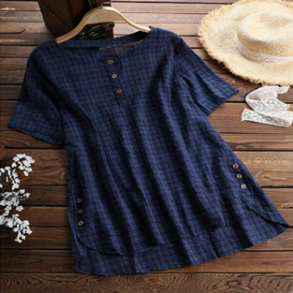 The Best Plus Size Women Summer Button Crew Neck Blouses Loose Baggy Tops Tunic Shirts Ladies Casual Solid Short Sleeve Blouse Online - Takalr