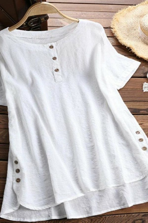 The Best Plus Size Women Summer Button Crew Neck Blouses Loose Baggy Tops Tunic Shirts Ladies Casual Solid Short Sleeve Blouse Online - Takalr